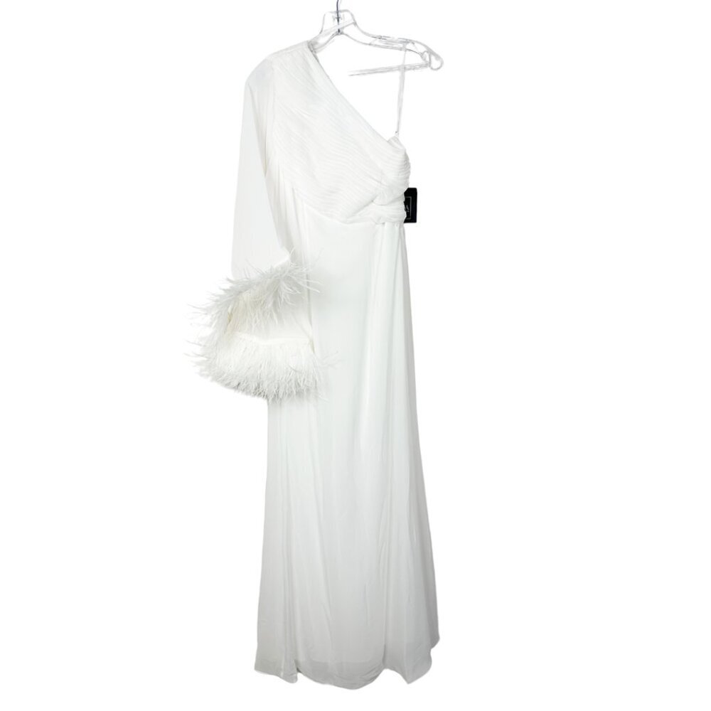 NWT Mac Duggal Feather Cuff One Shoulder Ruched Gown White 4 - Picture 4 of 9
